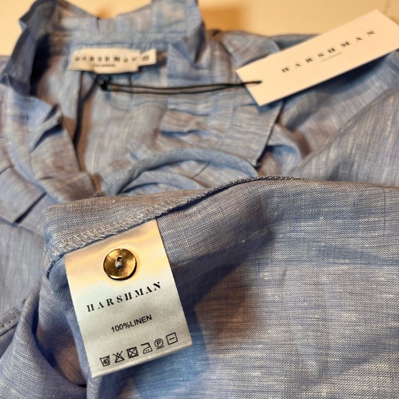 HARSHMAN X-S Linen Blue Striped Blouse with Ruffle Collar - Picture 6 of 8